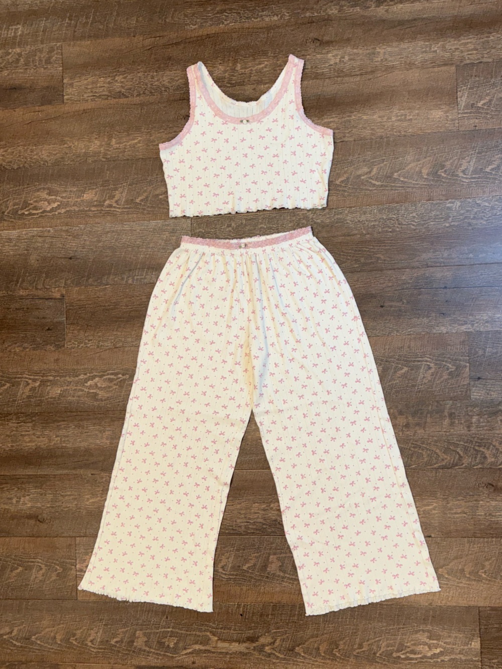 Pink Bow Pointelle Cotton Pajama Set Crop Tank and Wide Leg Pants Cream M